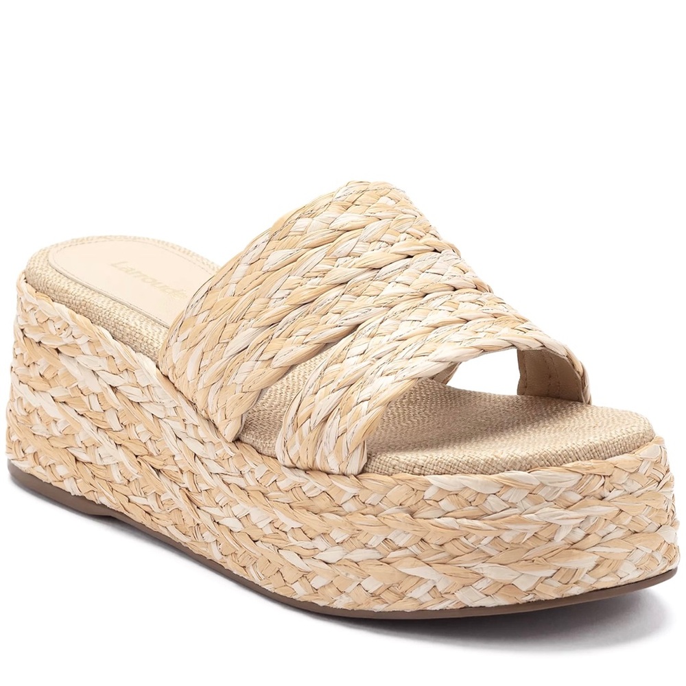 NEW LARROUDE BEIGE BRAIDED RAFFIA FLATFORM SANDALS